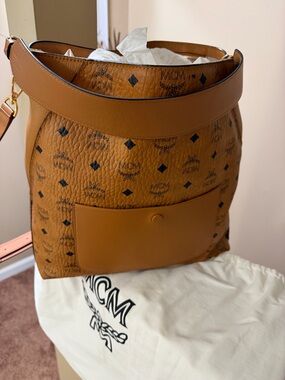 MCM Cognac Monogram Visetos Shoulder Bag with Black Accents